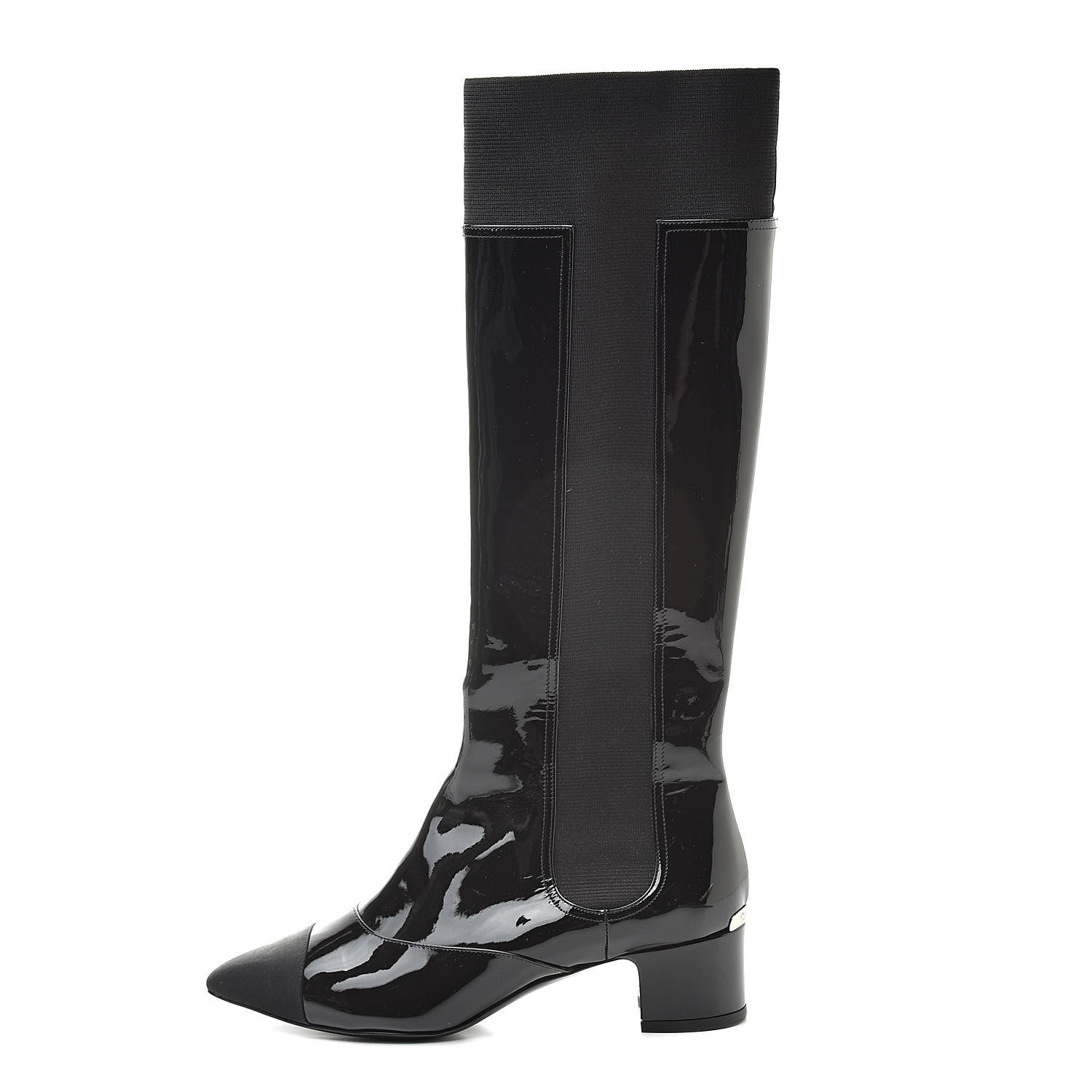 Chanel Patent Calfskin Grosgrain Cap Toe High Boots 37.5 Black 1 of 8
