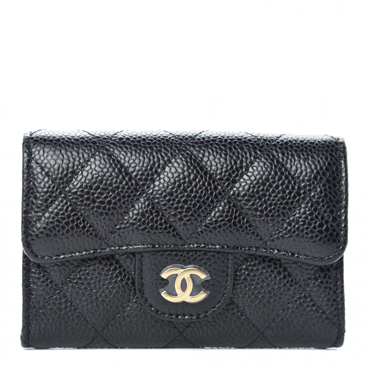Caviar Quilted Flap Card Holder Wallet Black