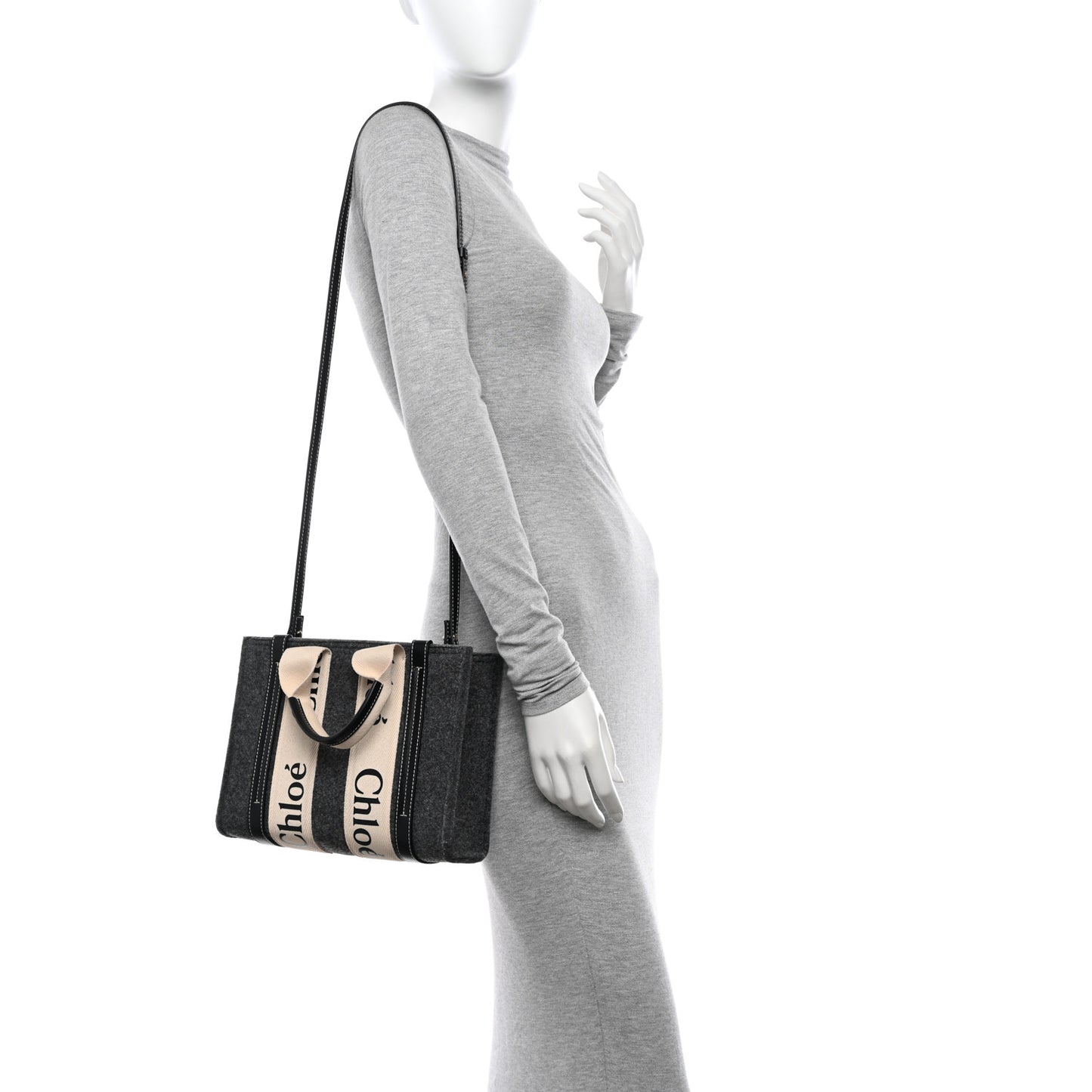 Felt Calfskin Small Woody Ribbon Tote With Strap Cashmere Grey