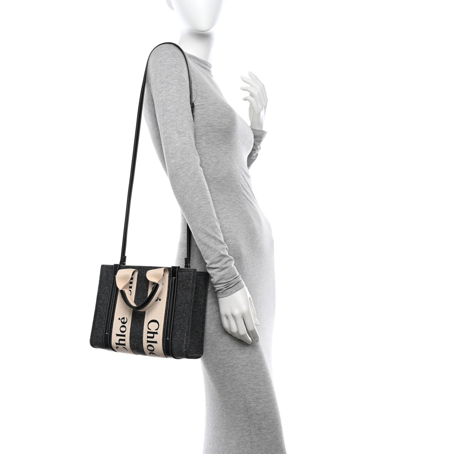 Chloe Felt Calfskin Small Woody Ribbon Tote With Strap Cashmere Grey 2 of 10