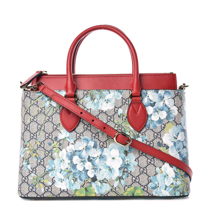 Gucci GG Supreme Monogram Blooms Medium Zip Top Tote Beige Blue Navy Hibiscus Red 1 of 9
