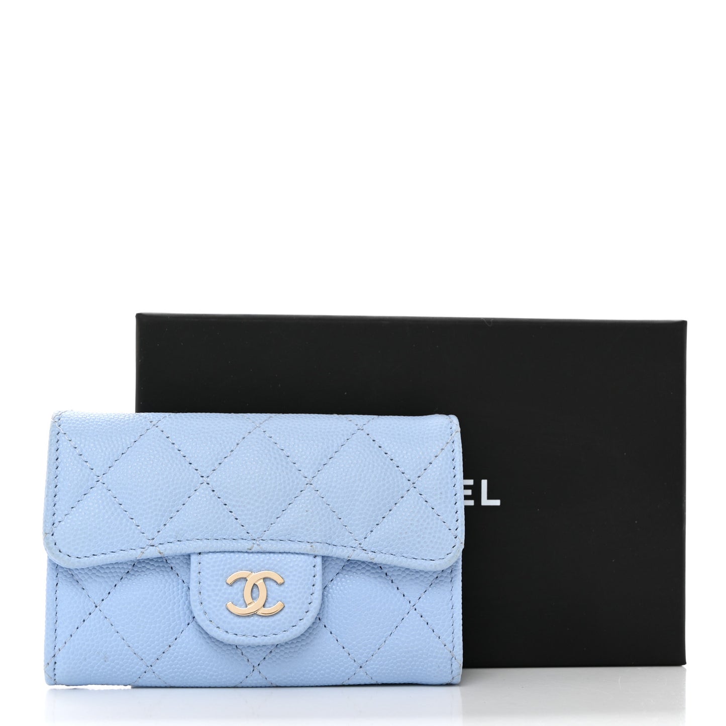 Caviar Quilted Flap Card Holder Wallet Light Blue