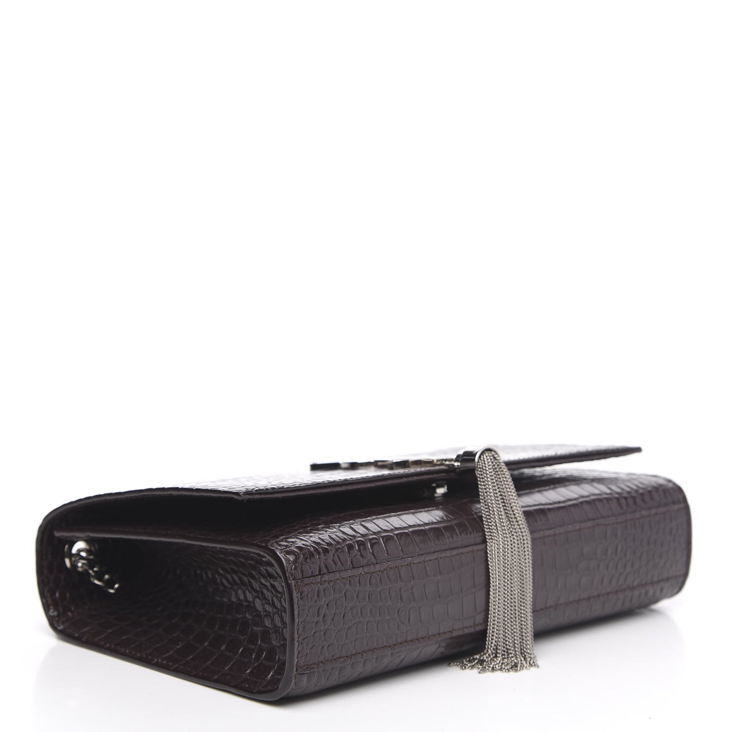 Calfskin Crocodile Embossed Medium Classic Monogram Kate Tassel Satchel Dark Brown