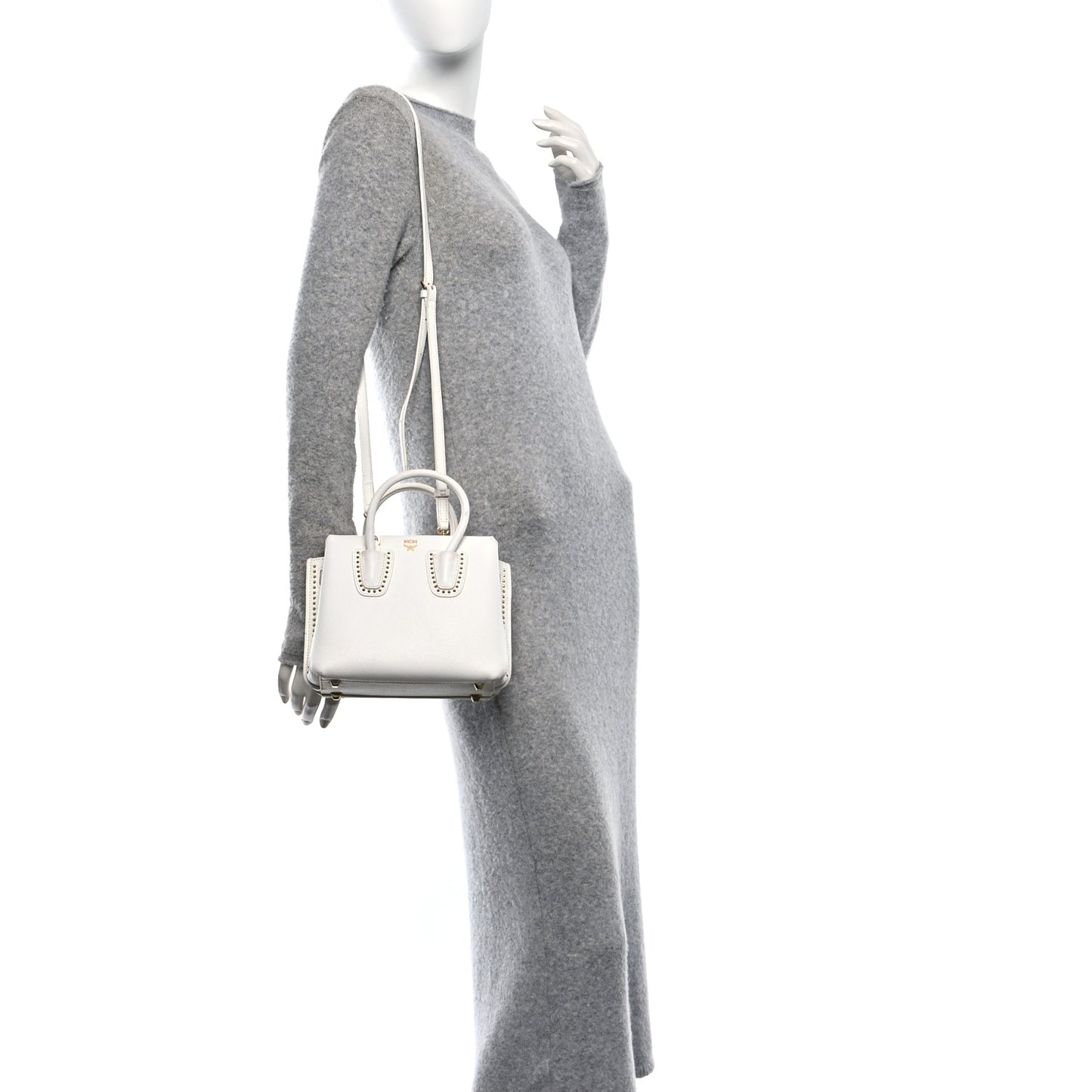 Grained Calfskin Studded Mini Milla Tote White