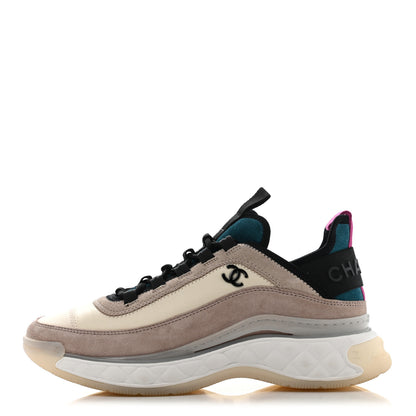 Chanel Suede Calfskin Nylon Grosgrain CC Sneakers 36.5 Beige Pink 1 of 13