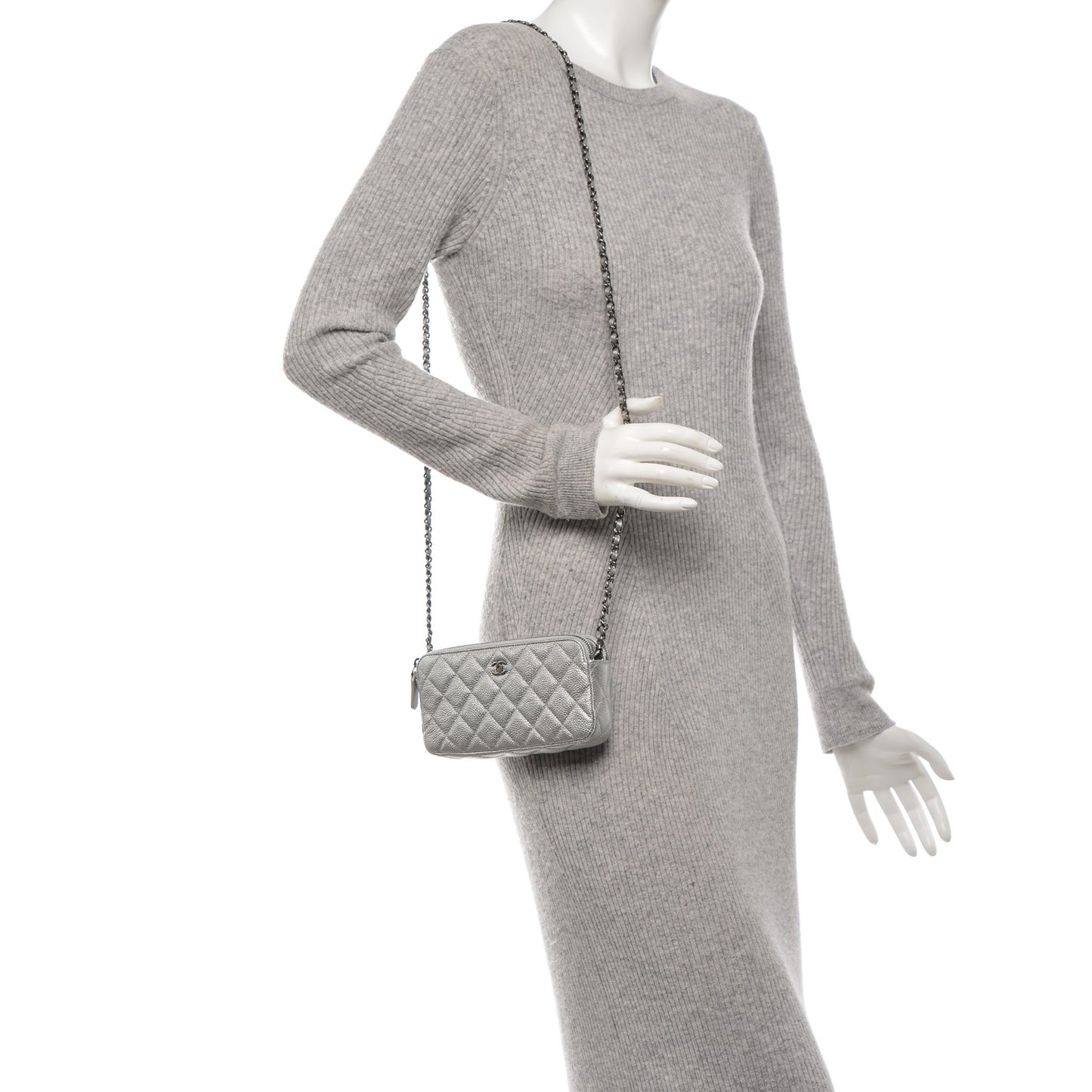 Metallic Caviar Quilted Small Clutch With Chain Silver