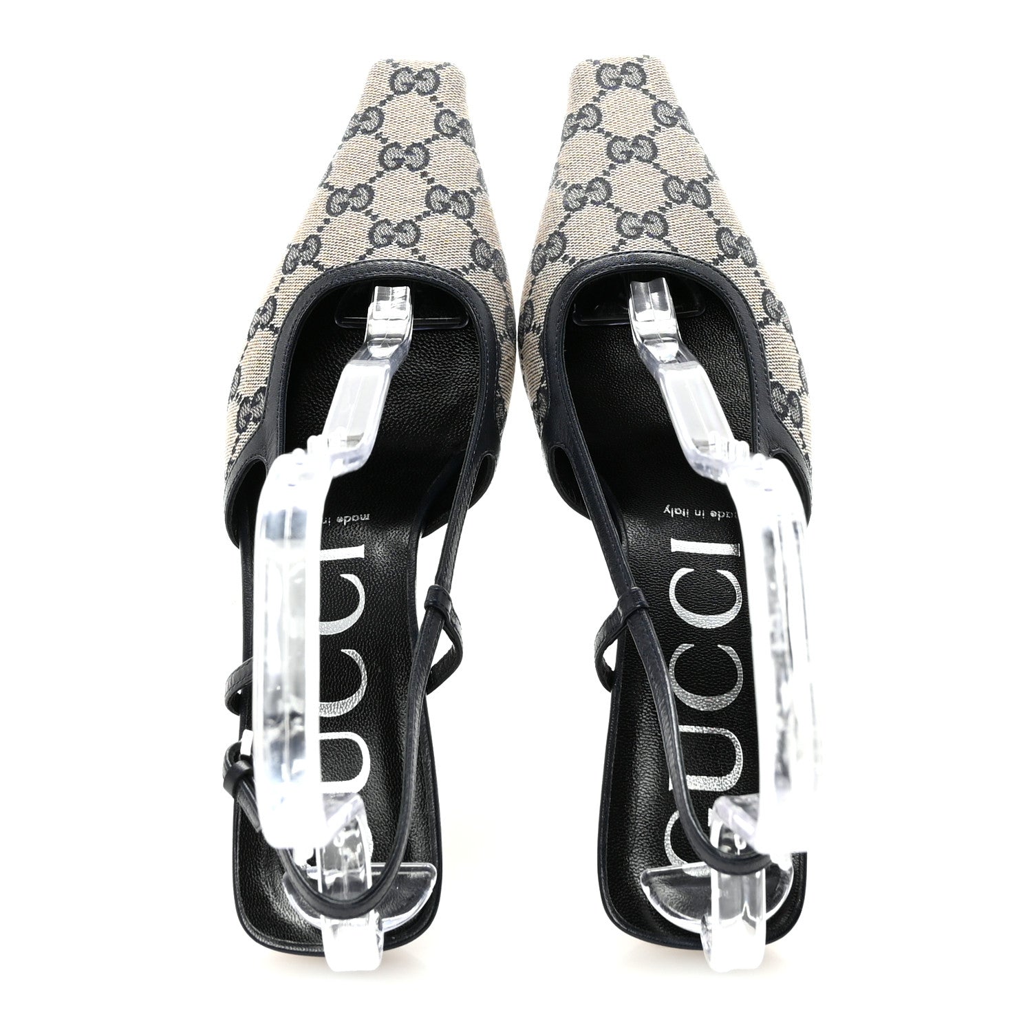 Gucci GG Monogram Malaga Kid Square G 35mm Slingback Pumps 39 Beige Blue 2 of 9