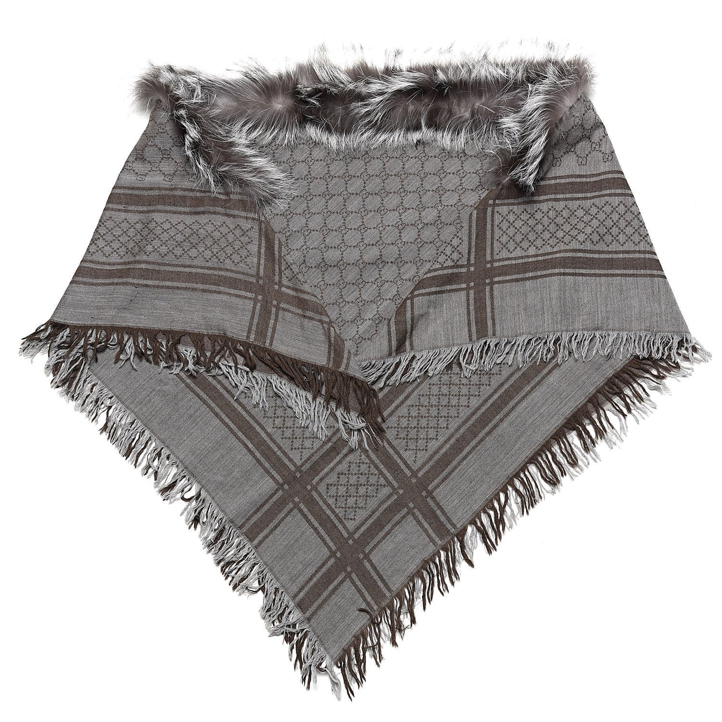 Wool Silk Fox Fur Monogram Shawl Scarf Brown