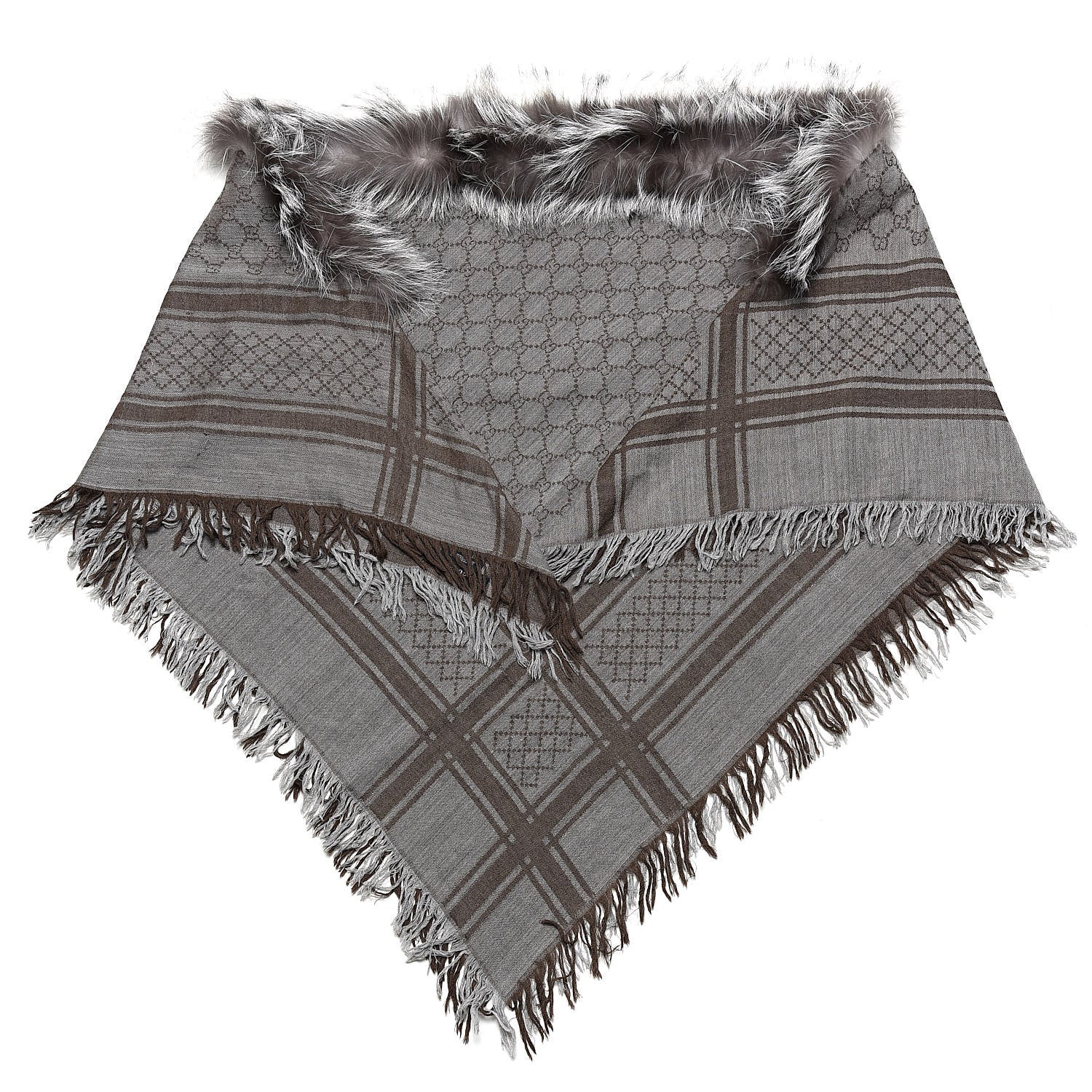 Gucci Wool Silk Fox Fur Monogram Shawl Scarf Brown 1 of 5