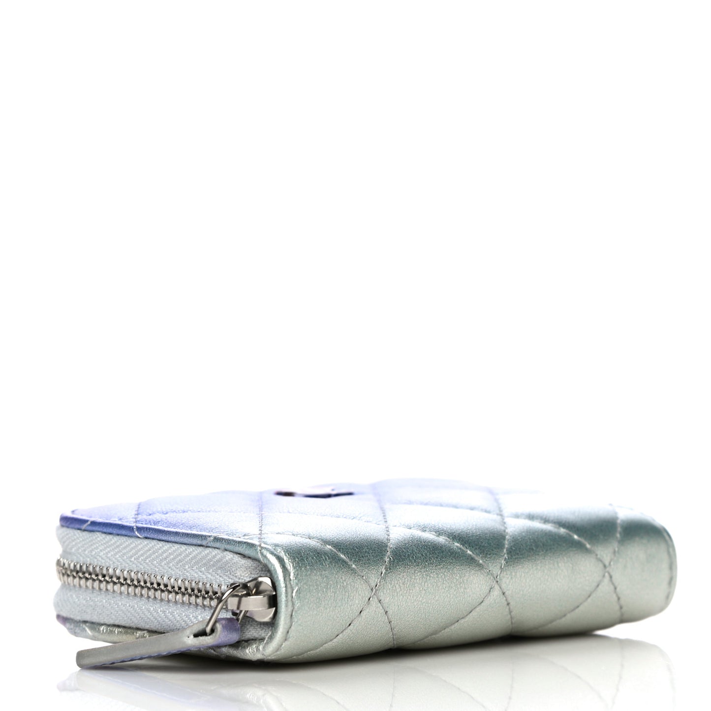 Gradient Metallic Calfskin Quilted Zip Around Coin Purse Wallet Silver Blue Yellow Purple