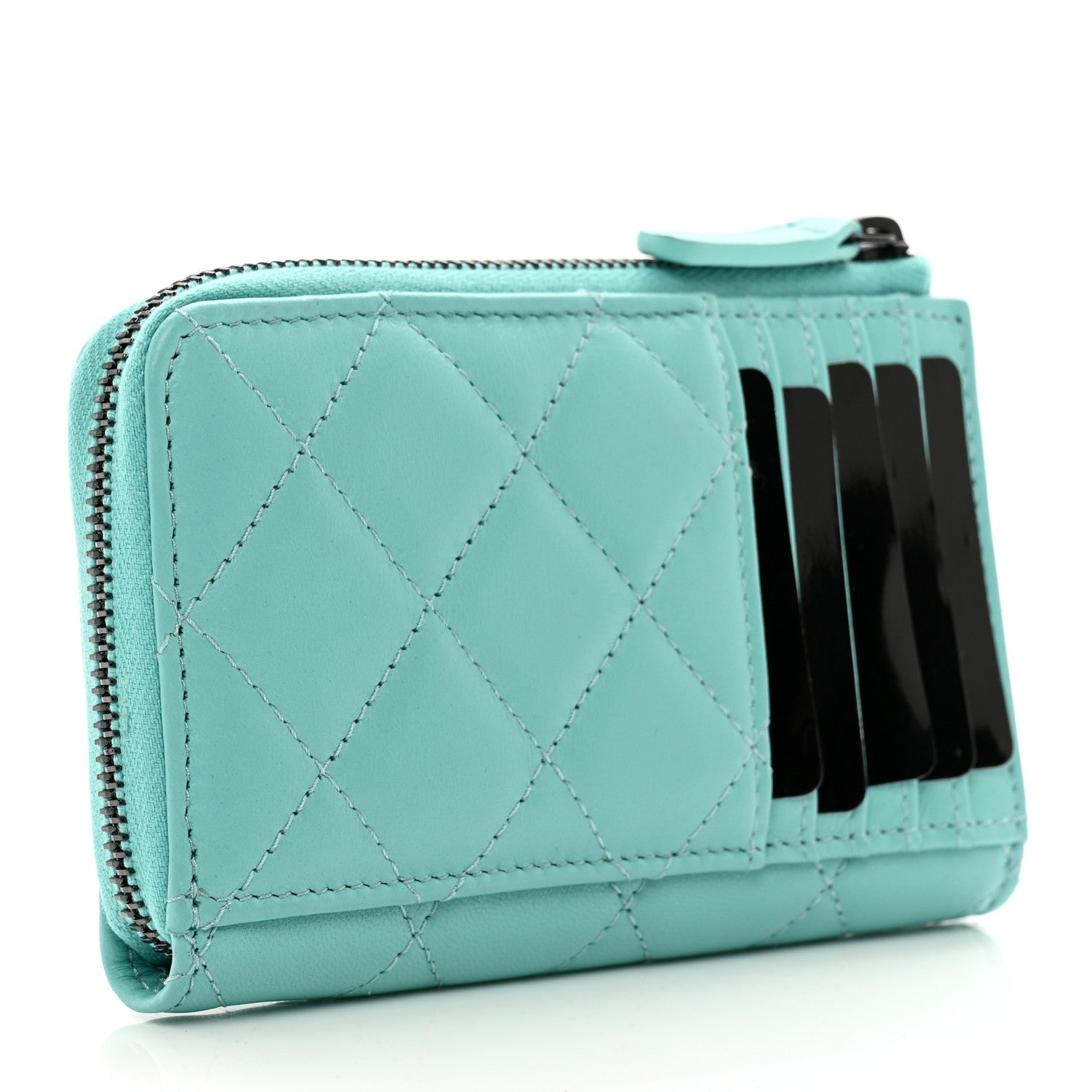 Chanel Lambskin Quilted CC Zip Around Card Holder Turquoise 3 of 8