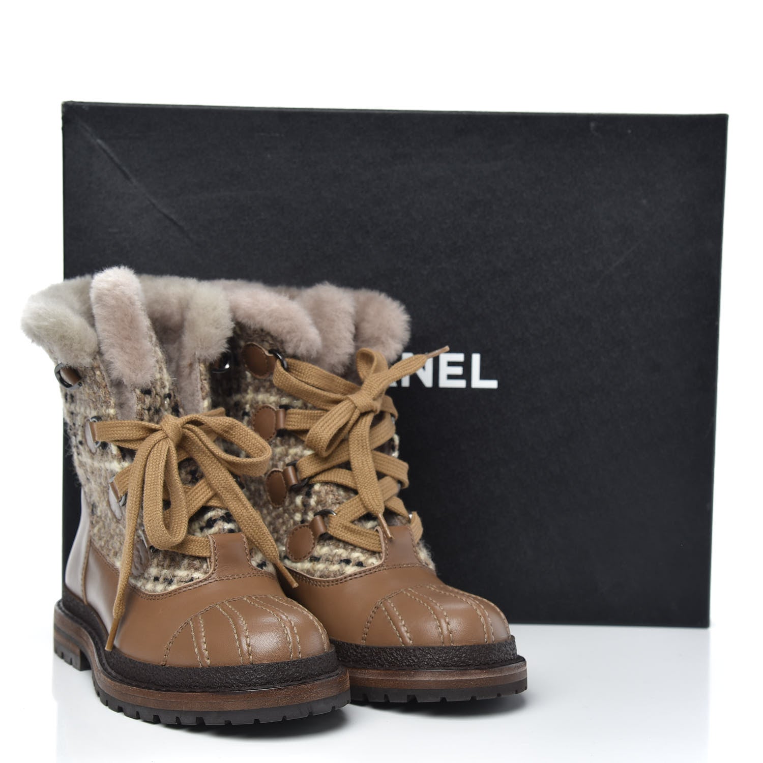 Chanel Tweed Shearling Lace Up Short Boots 35 Beige 8 of 9