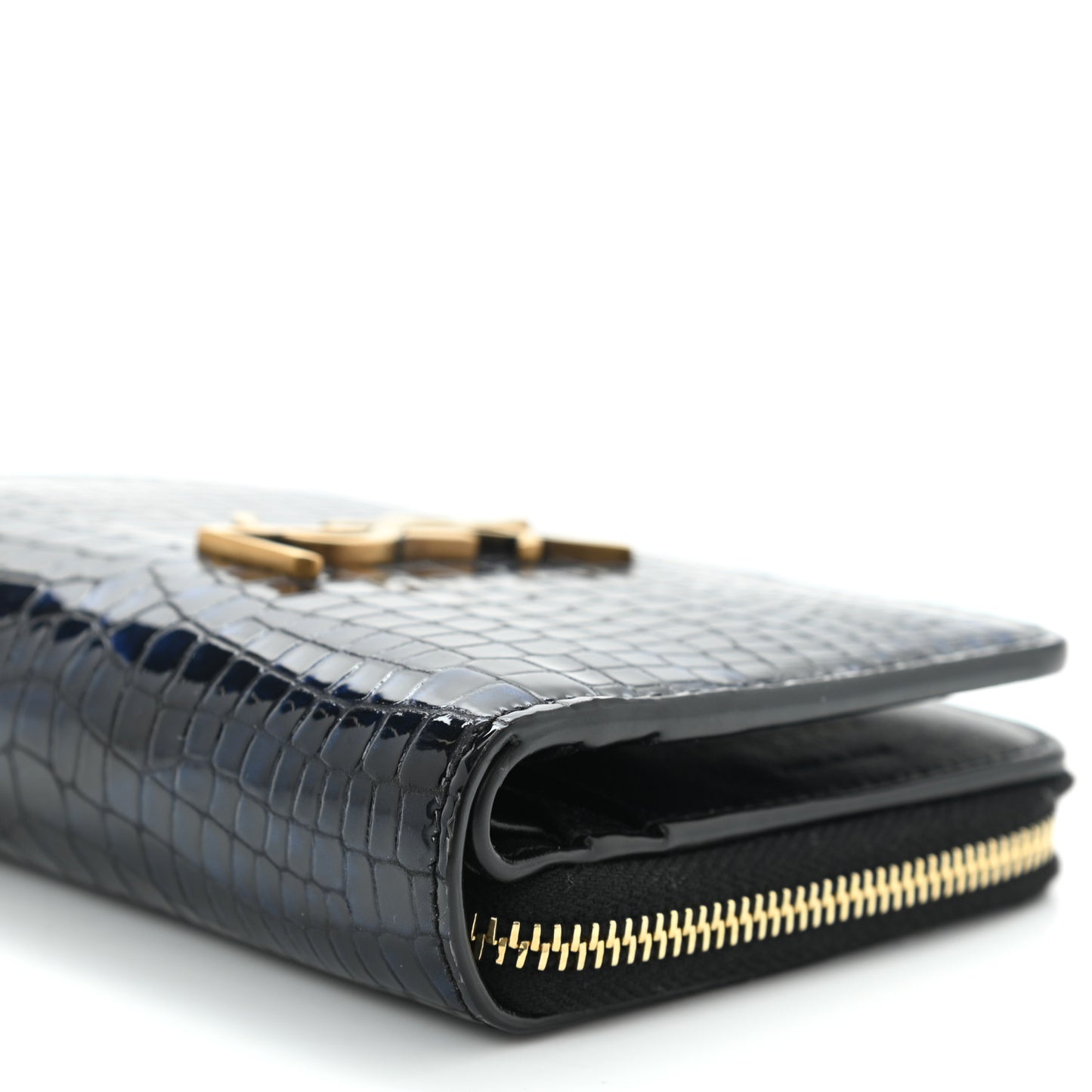 Calfskin Crocodile Embossed Monogram Compact Wallet Blue Black