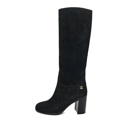 Chanel Suede CC Tall Boots 36 Black 1 of 8