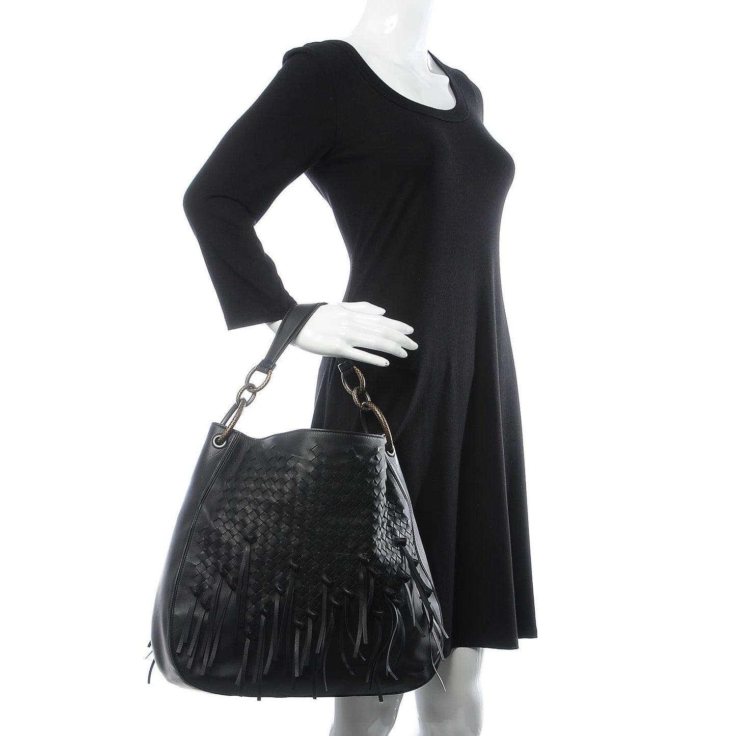 Nappa Intrecciato Large Loop Fringe Hobo Black
