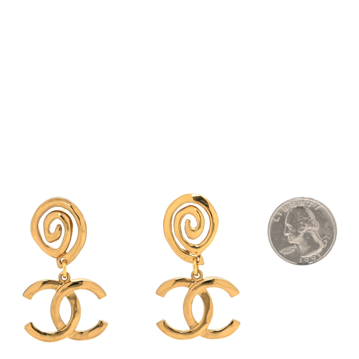 Metal CC Swirl Dangle Earrings Gold