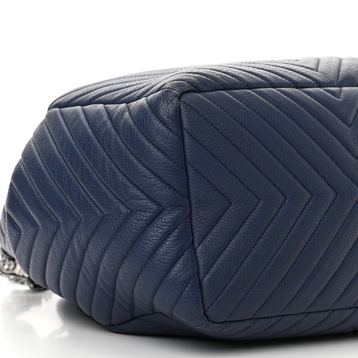 Deerskin Chevron Medium CC Chain Bucket Drawstring Bag Navy Blue