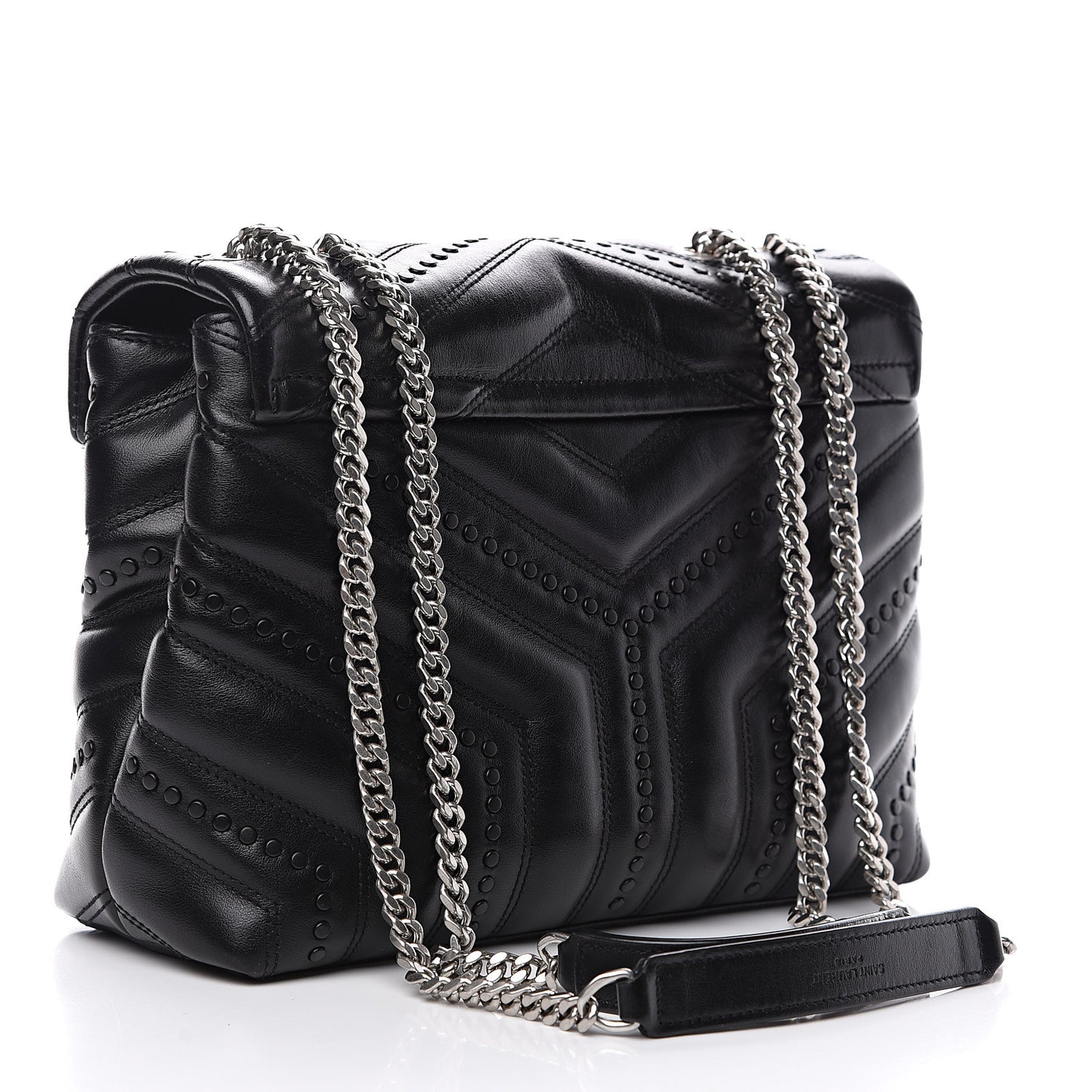 Calfskin Y Quilted Studded Monogram Small Loulou Chain Satchel Black