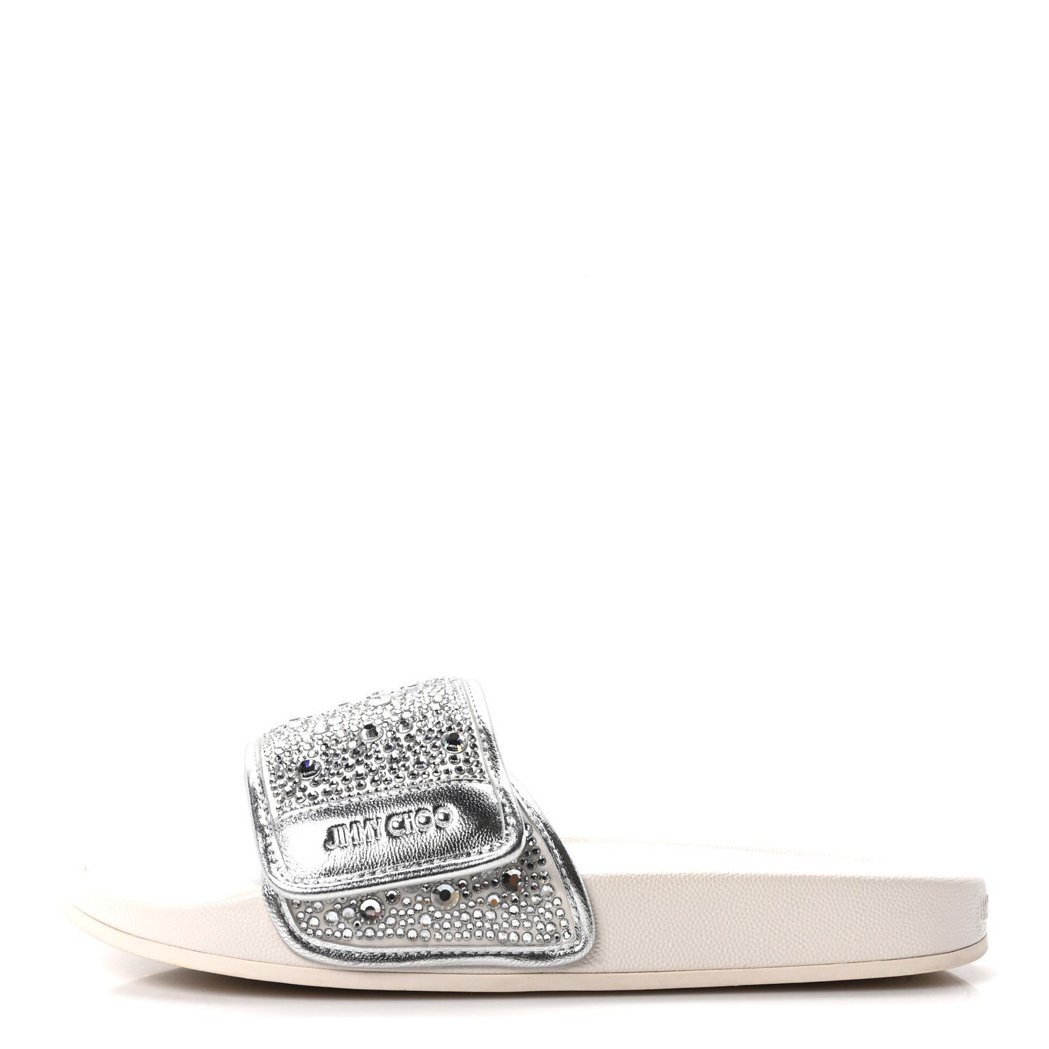 Jimmy Choo Satin Metallic Nappa Crystal Embellished Fitz Slide Sandals 39 Ivory 1 of 10