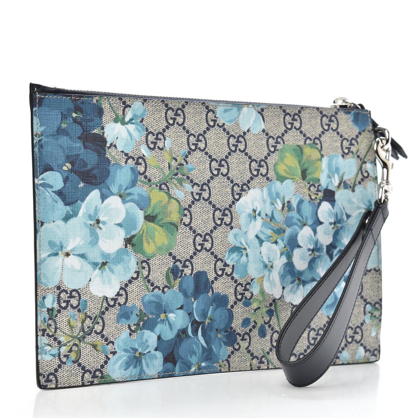 GG Supreme Monogram Blooms Small Zip Wristlet Pouch Beige Blue Black