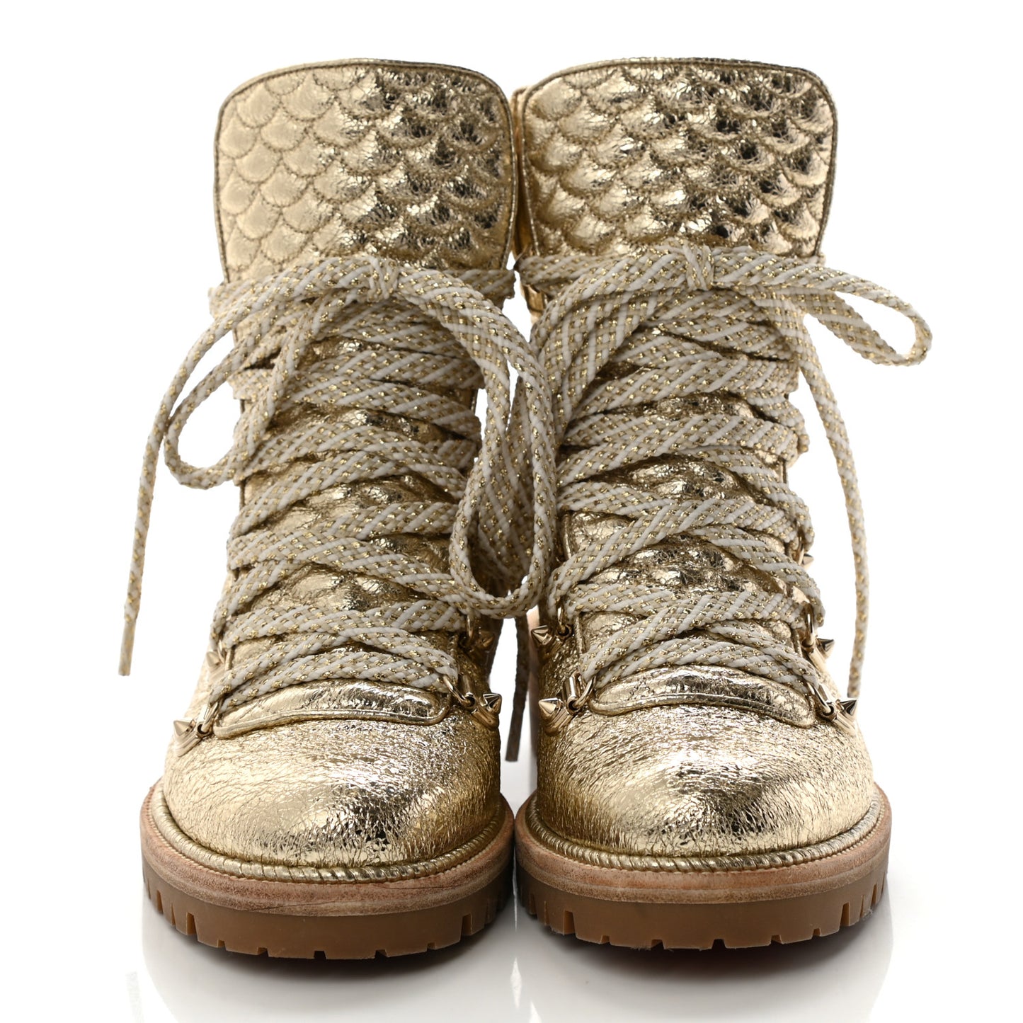 Crinkled Calfskin Mad Metallic Lace Up Red Sole Boot 35.5 Gold