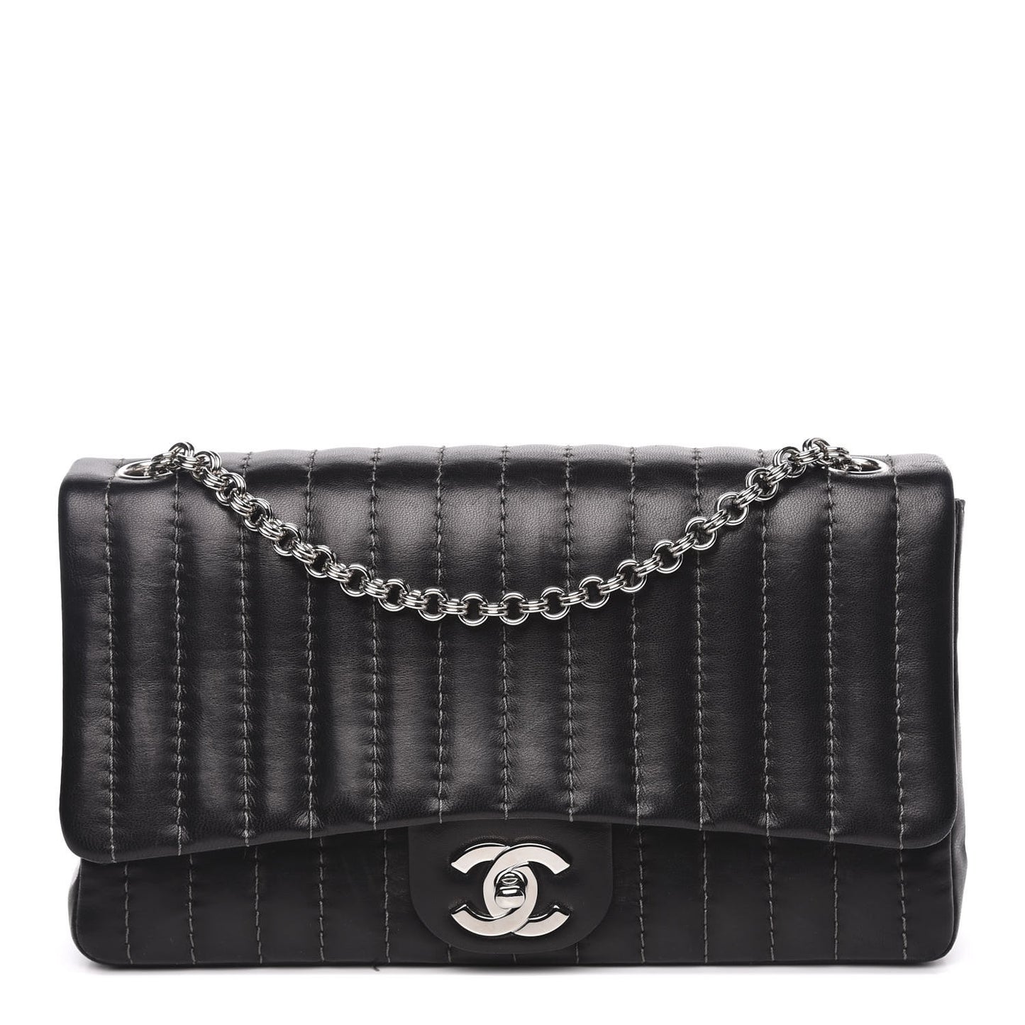 Lambskin Vertical Quilted Medium Single Flap Black