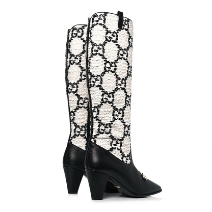 Gucci Tweed GG Monogram Wrinkled Kid Zumi Knee Boots 38 Natural Black 4 of 8
