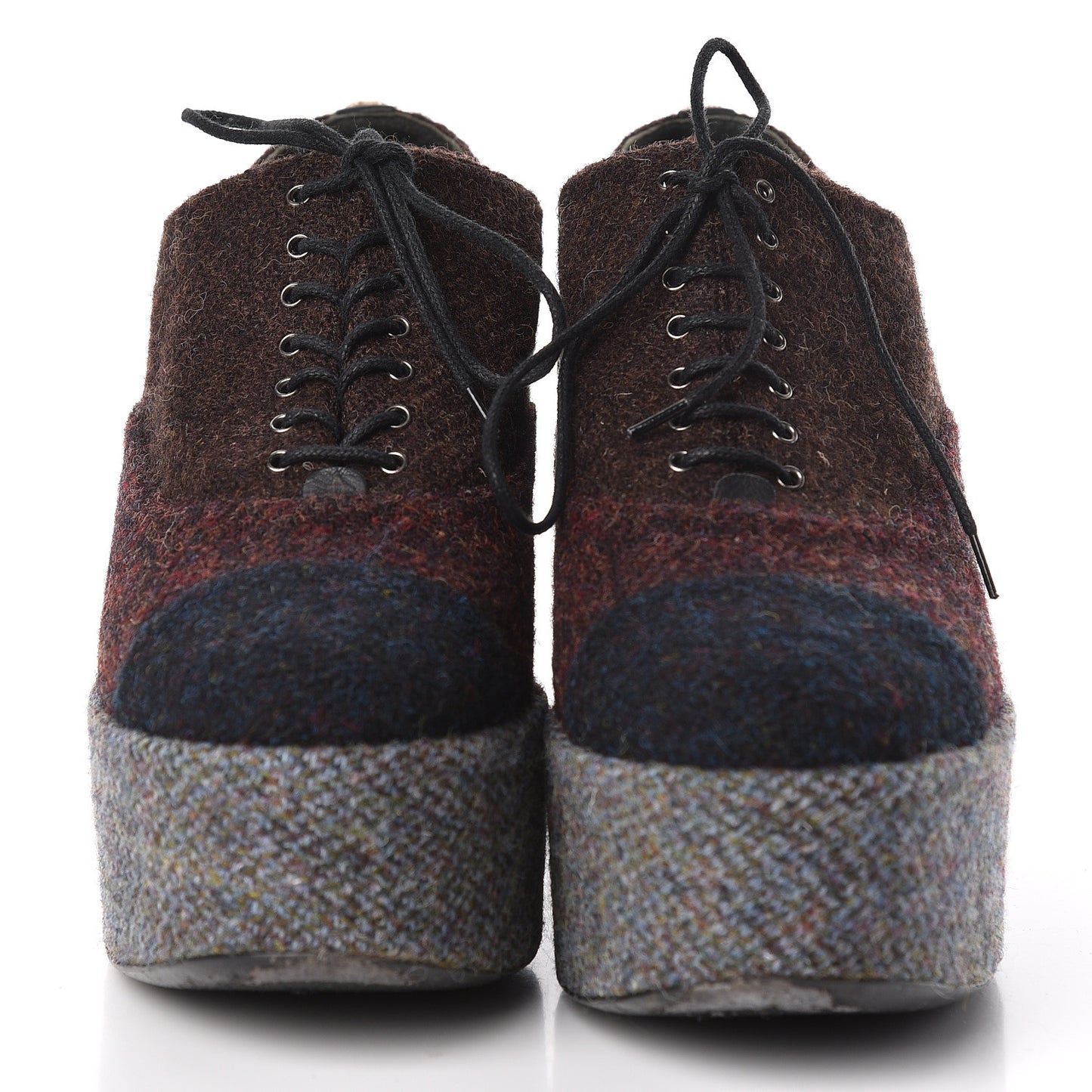 Tweed Lace Up Platform Oxford 40.5 Burgundy Navy Grey