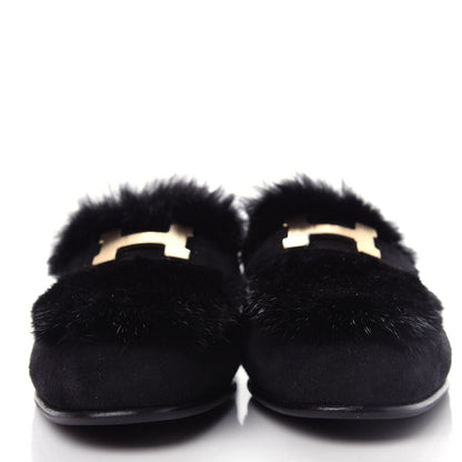 Hermes Mink Fur Suede Goatskin Paris Loafers 36.5 Black 2 of 11