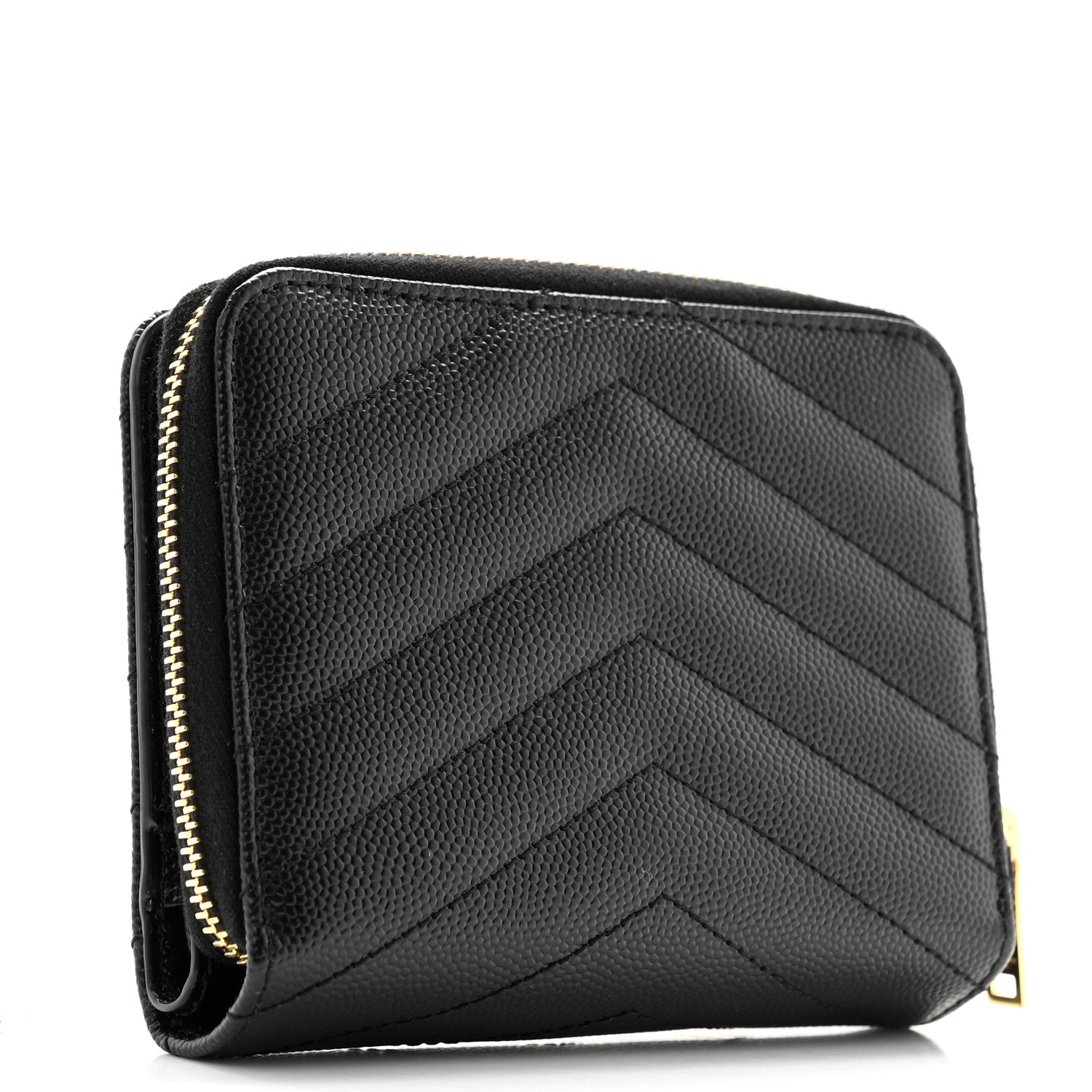 Saint Laurent Grain De Poudre Matelasse Chevron Monogram Compact Zip Around Wallet Black 3 of 11