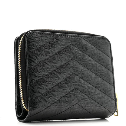 Saint Laurent Grain De Poudre Matelasse Chevron Monogram Compact Zip Around Wallet Black 3 of 11