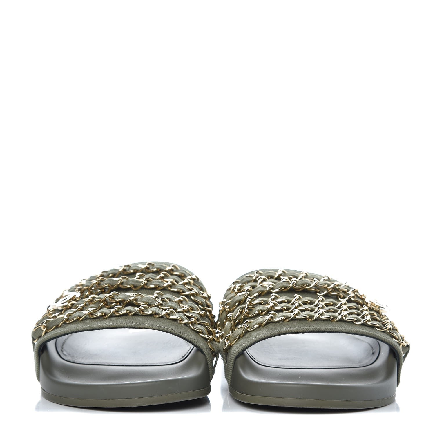 Chanel Canvas Chain Flat Sandals 38 Khaki 3 of 11