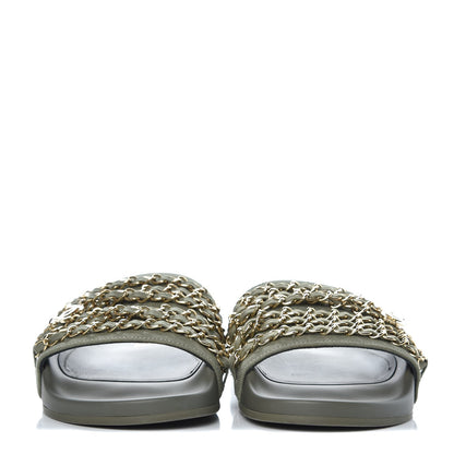 Chanel Canvas Chain Flat Sandals 38 Khaki 3 of 11