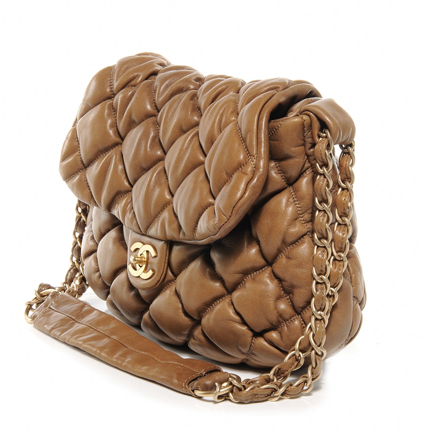 Lambskin Bubble Quilt Flap Bag Dark Beige