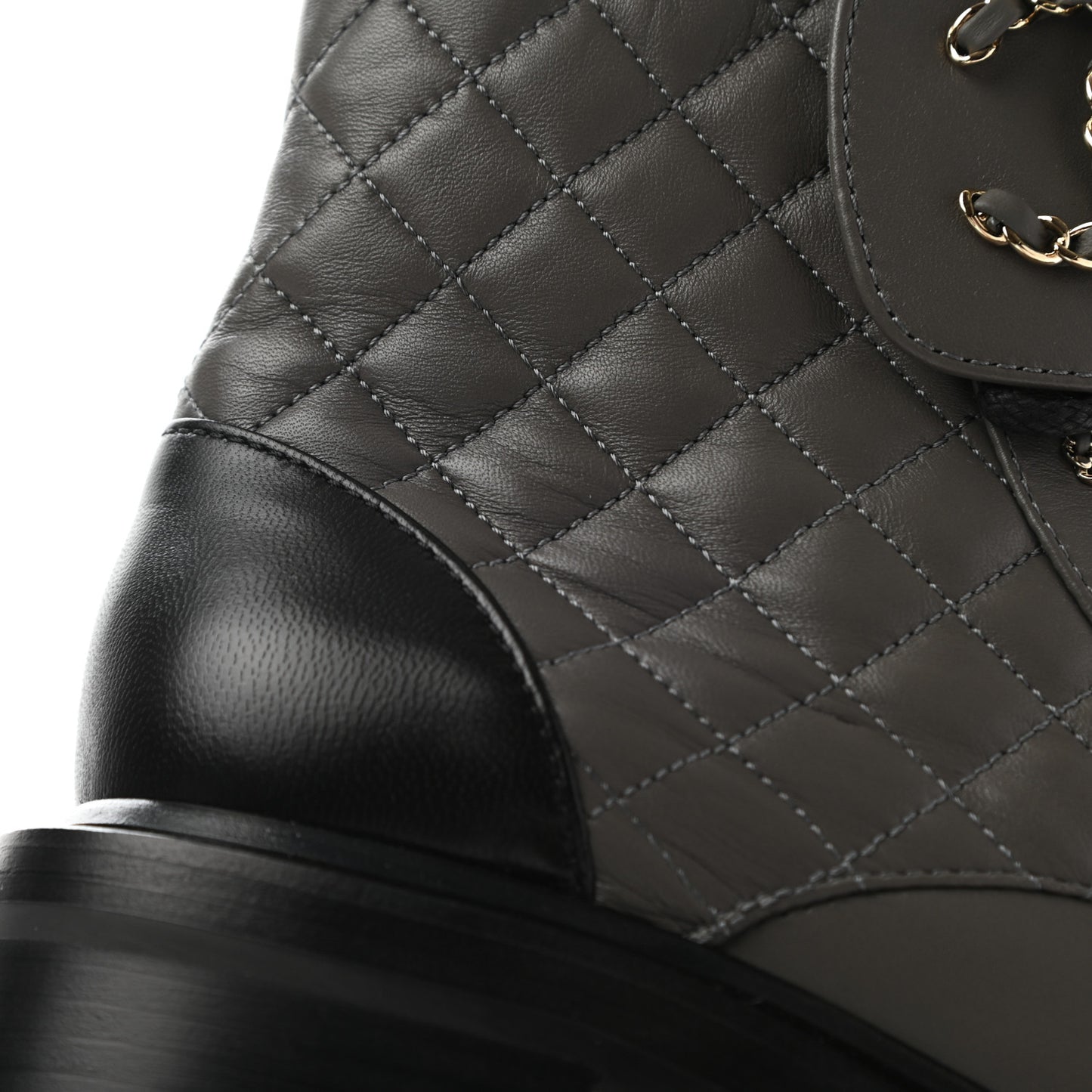 Shiny Lambskin Quilted Lace Up Combat Boots 38.5 Grey Black