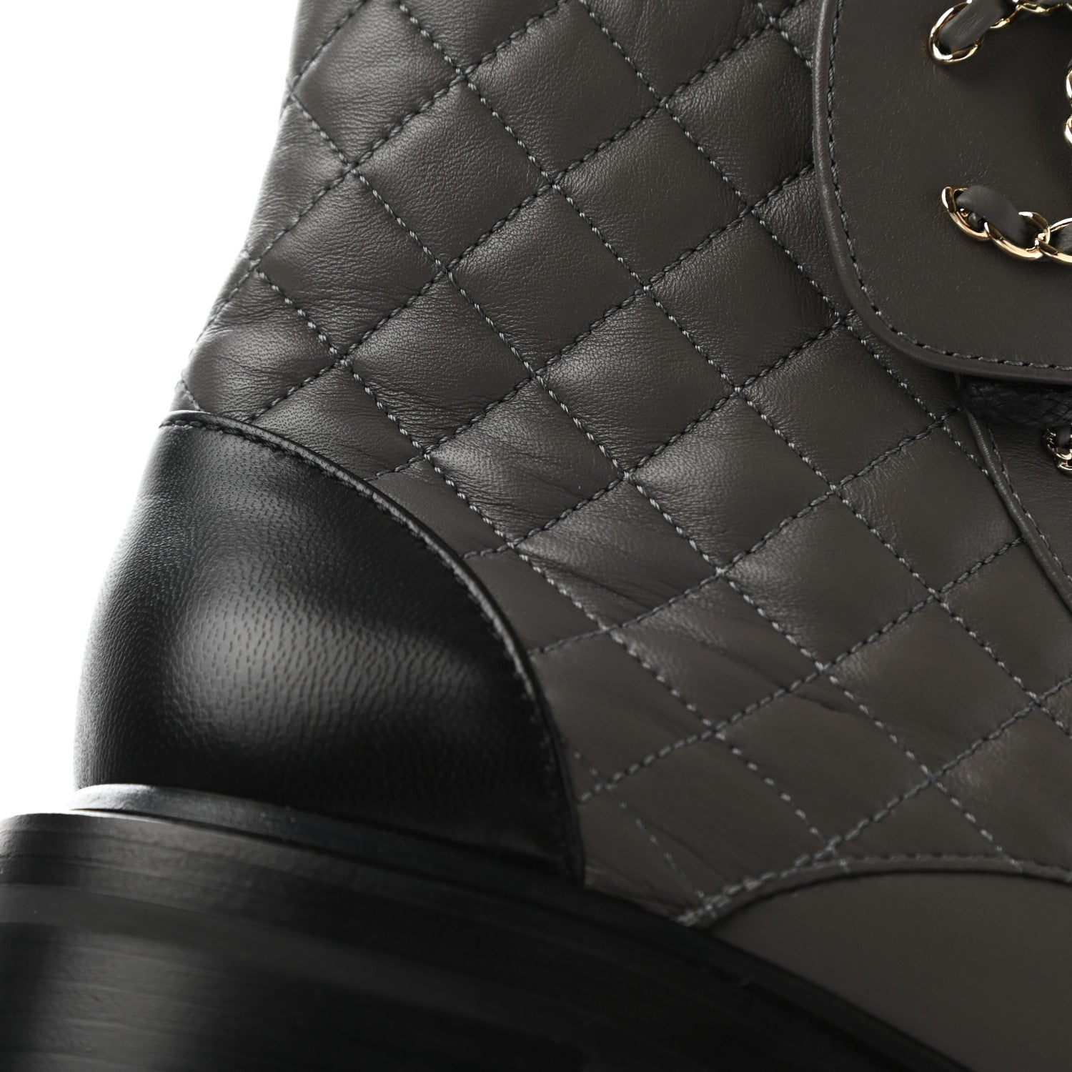 Chanel Shiny Lambskin Quilted Lace Up Combat Boots 38.5 Grey Black 13 of 13