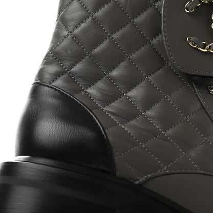 Chanel Shiny Lambskin Quilted Lace Up Combat Boots 38.5 Grey Black 13 of 13