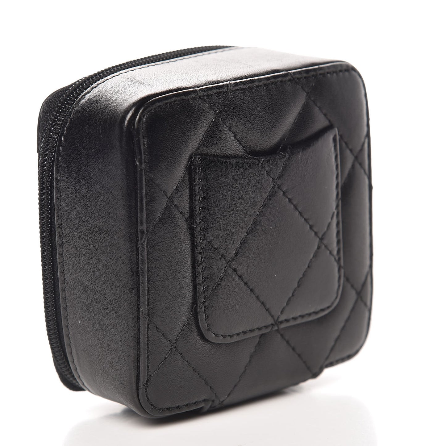 Calfskin Quilted Cambon Zip Around Makeup Pouch Black White