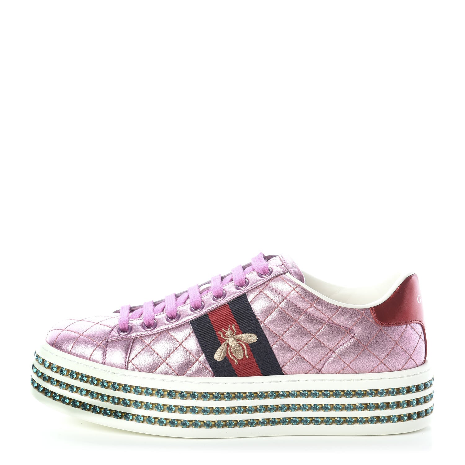 Gucci Laminated Nappa Crystal Web Bee Embroidered Trapuntata Womens Ace Platform Sneakers 35.5 Rosa 1 of 7