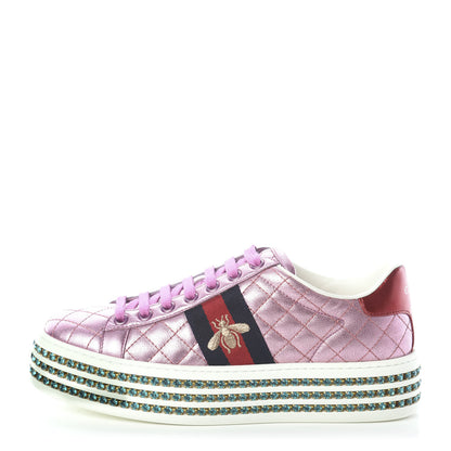 Gucci Laminated Nappa Crystal Web Bee Embroidered Trapuntata Womens Ace Platform Sneakers 35.5 Rosa 1 of 7