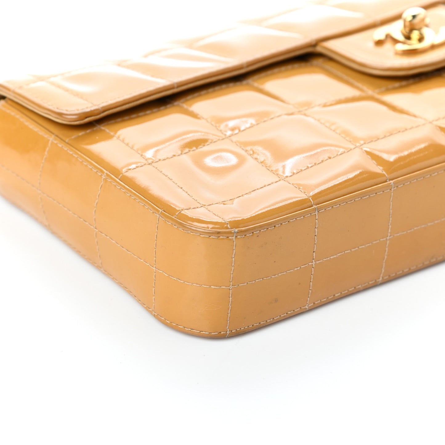 Patent Quilted East West Chocolate Bar Flap Beige