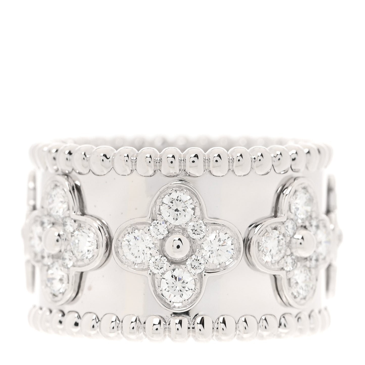 18K White Gold Diamond Medium Perlee Clover Band Ring 52 6