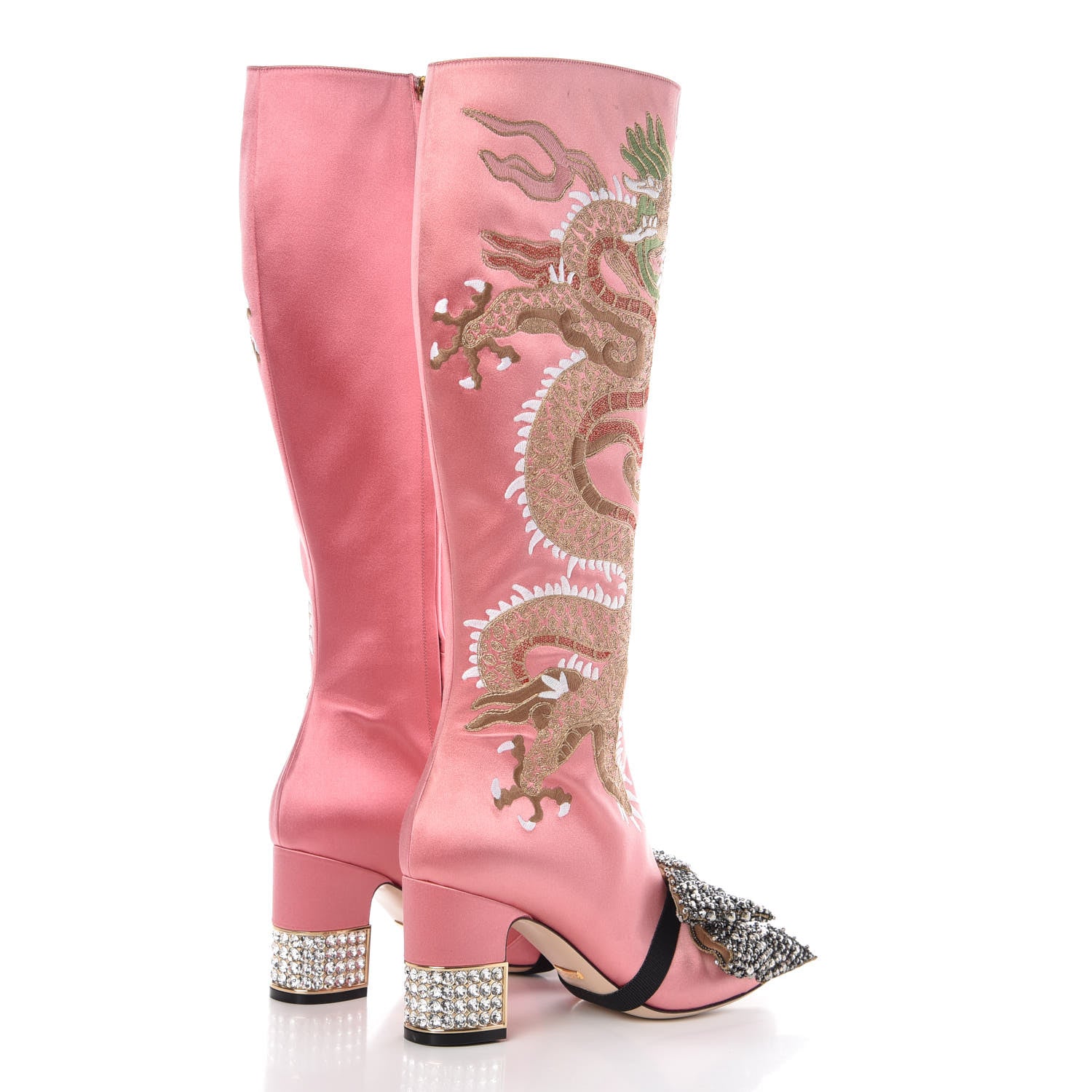 Gucci Silk Satin Malaga Kid Embroidered Candy Dragon Block-Heel Knee Boot 38 Glossy Pink 7 of 12