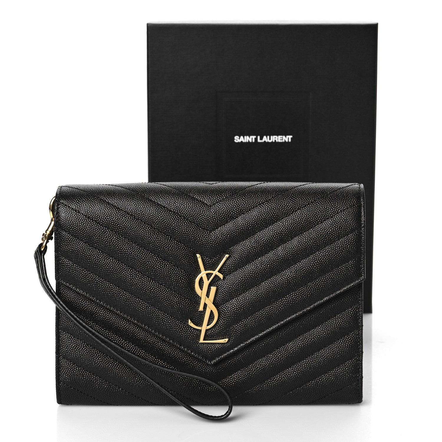 Saint Laurent Grain De Poudre Matelasse Chevron Monogram Envelope Clutch Black 11 of 11