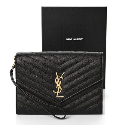 Saint Laurent Grain De Poudre Matelasse Chevron Monogram Envelope Clutch Black 11 of 11