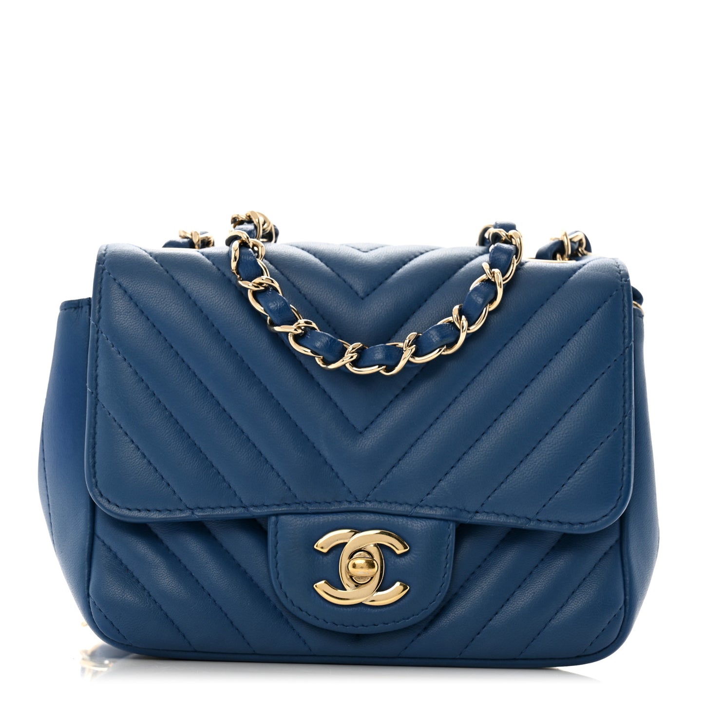 Lambskin Chevron Quilted Mini Square Flap Blue