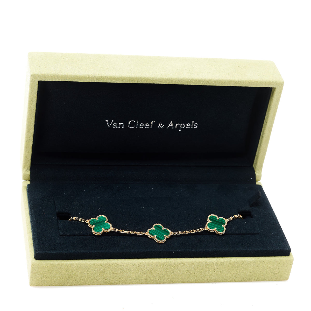 18K Yellow Gold Malachite 5 Motifs Vintage Alhambra Bracelet