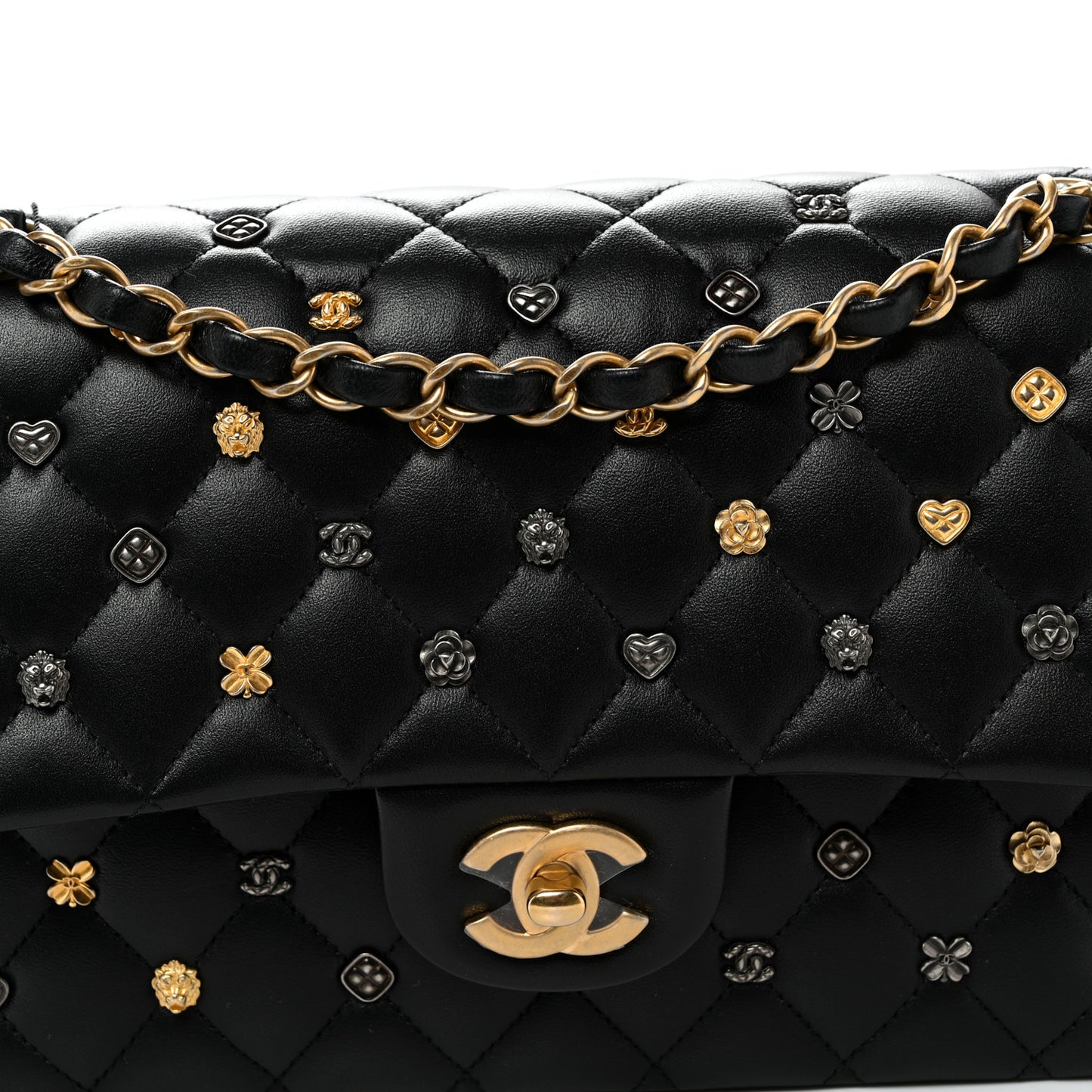Lambskin Quilted Studded Medium Double Flap Black