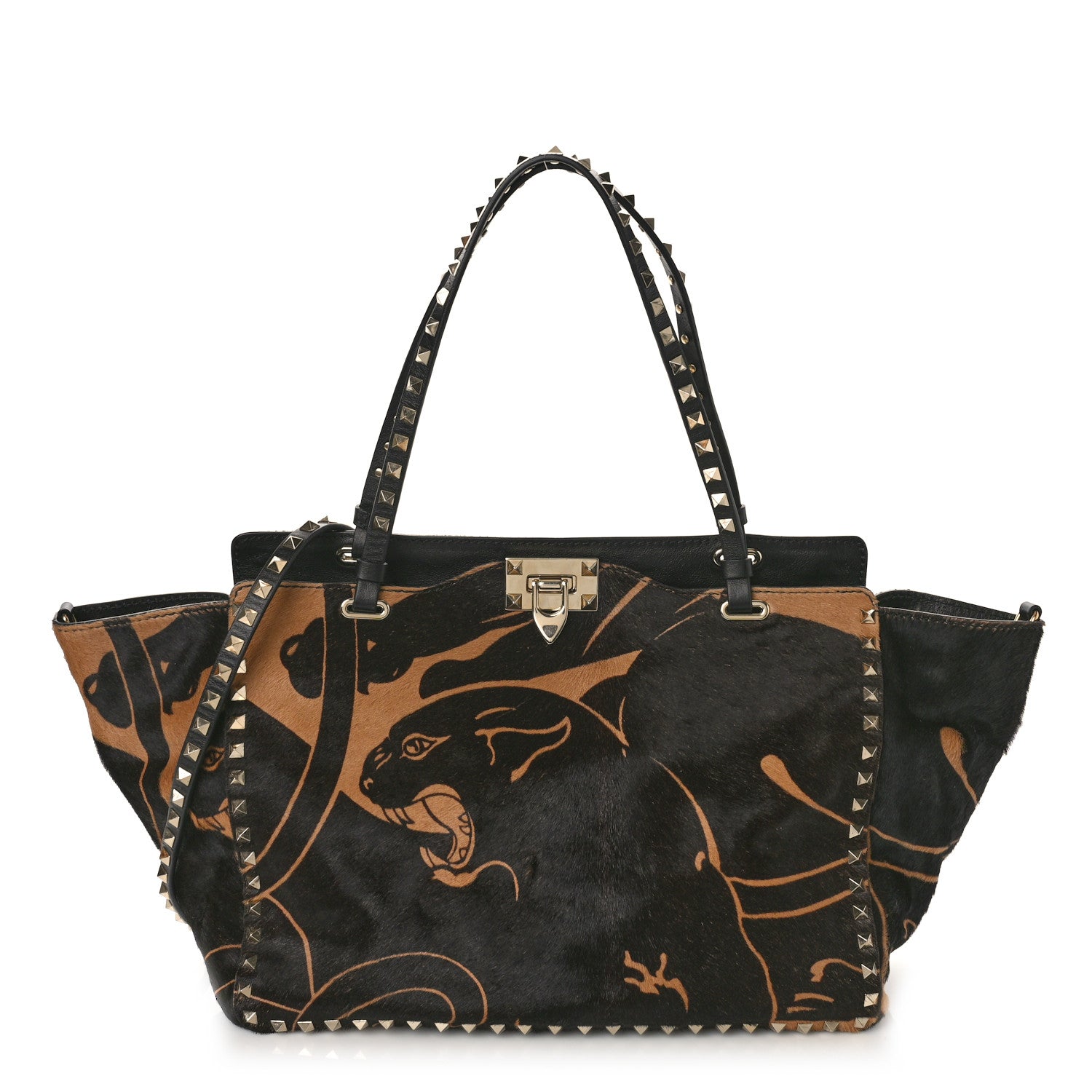 Valentino Garavani Calf Hair Jaguar Print Medium Rockstud Tote Beige Black 1 of 9