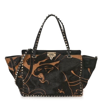 Valentino Garavani Calf Hair Jaguar Print Medium Rockstud Tote Beige Black 1 of 9